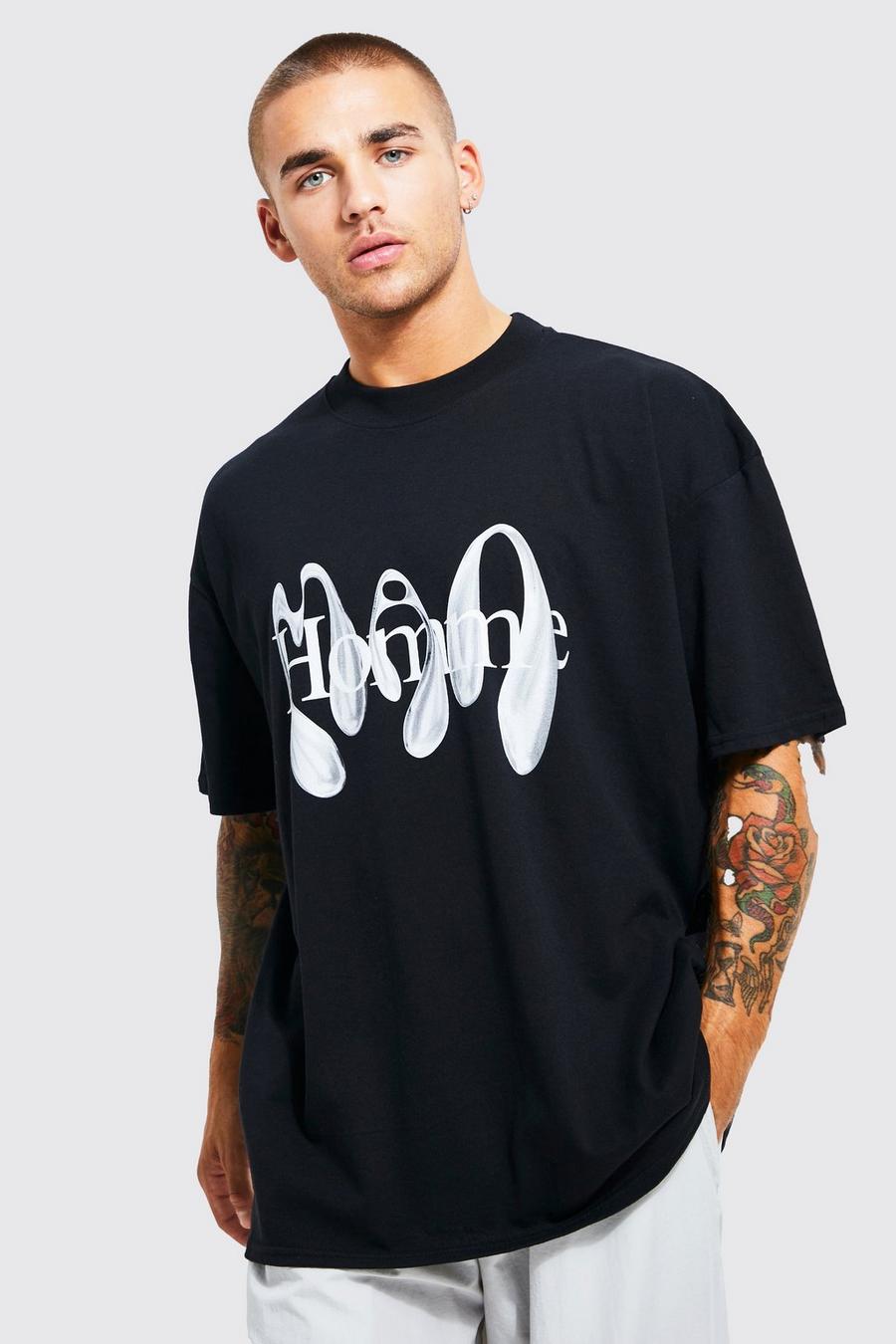 Black Oversized Extended Neck Graphic T-shirt image number 1