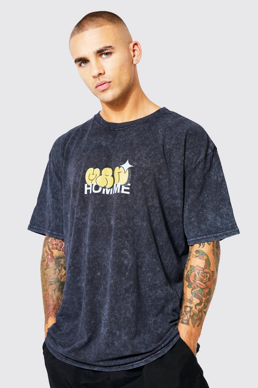 Charcoal grey Oversized Extended Neck Washed Print T-shirt