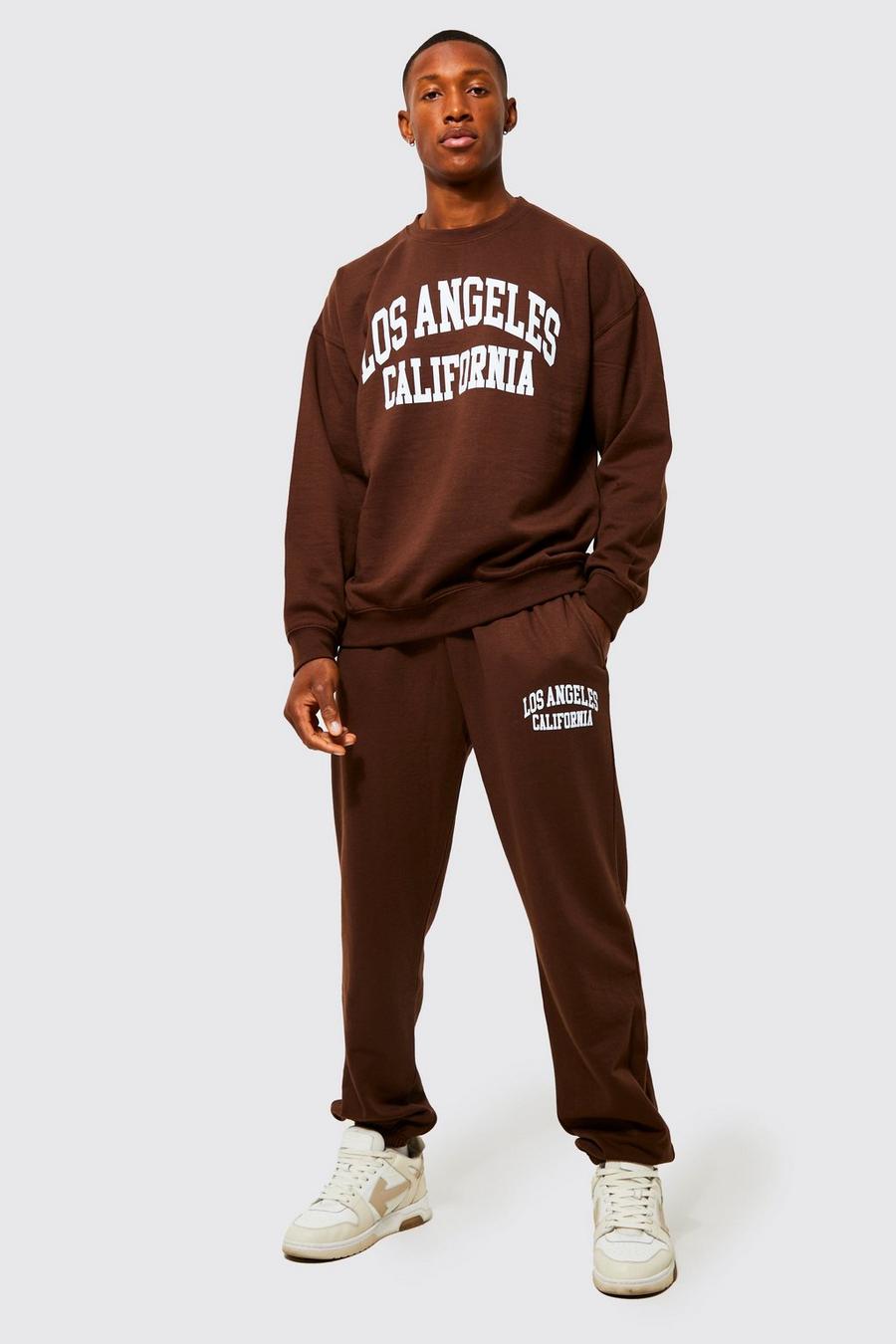 Chocolate brown Oversized La Varsity Sweatshirt Tracksuit