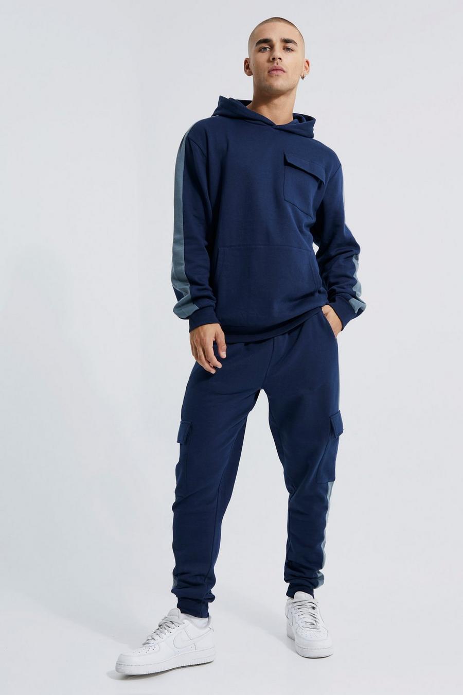Navy Lightweight Side Panel Cargo Hooded Tracksuit