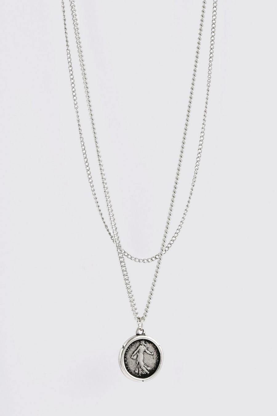 Silver Coin Pendant Double Layer Necklace image number 1