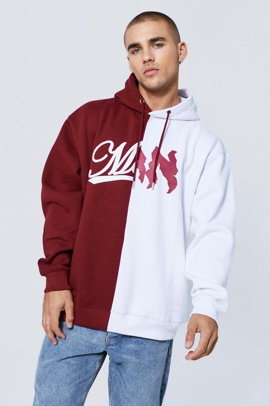 Burgundy Oversized Spliced Graphic Hoodie image number 1