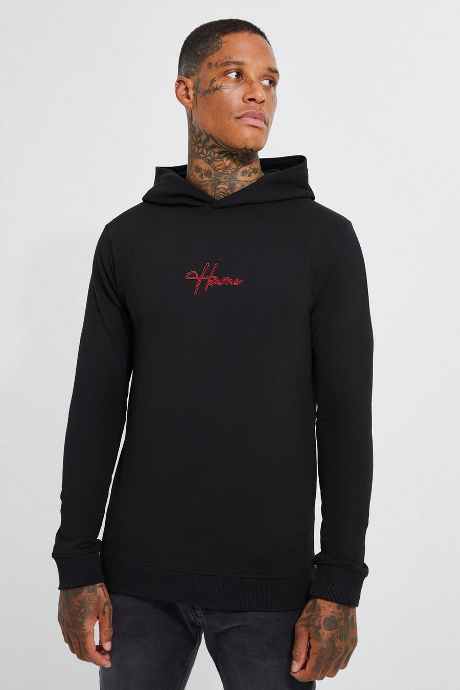 Black Muscle Fit Homme Embroidered Hoodie image number 1
