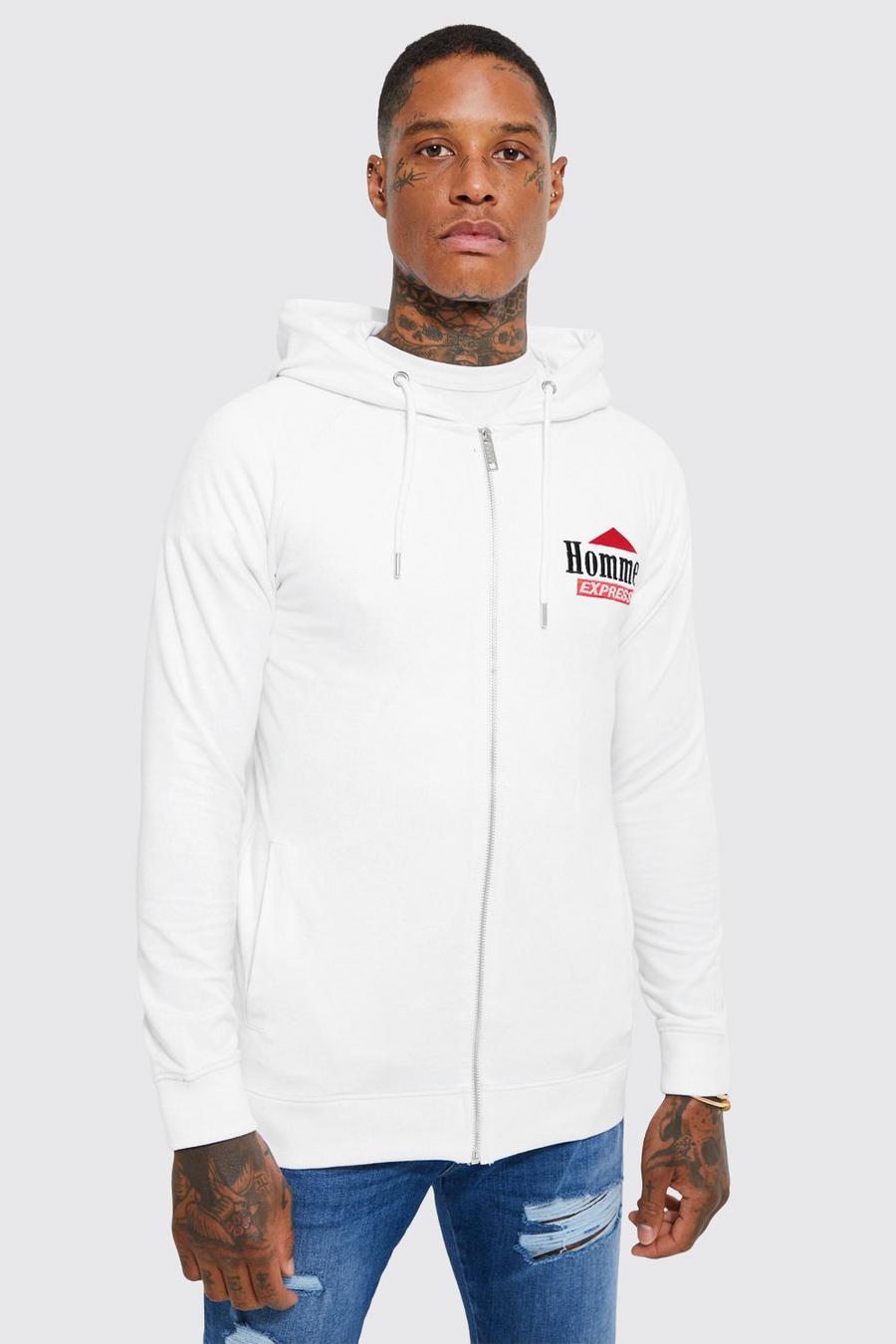 White Muscle Fit Embroidered Zip Through Hoodie image number 1