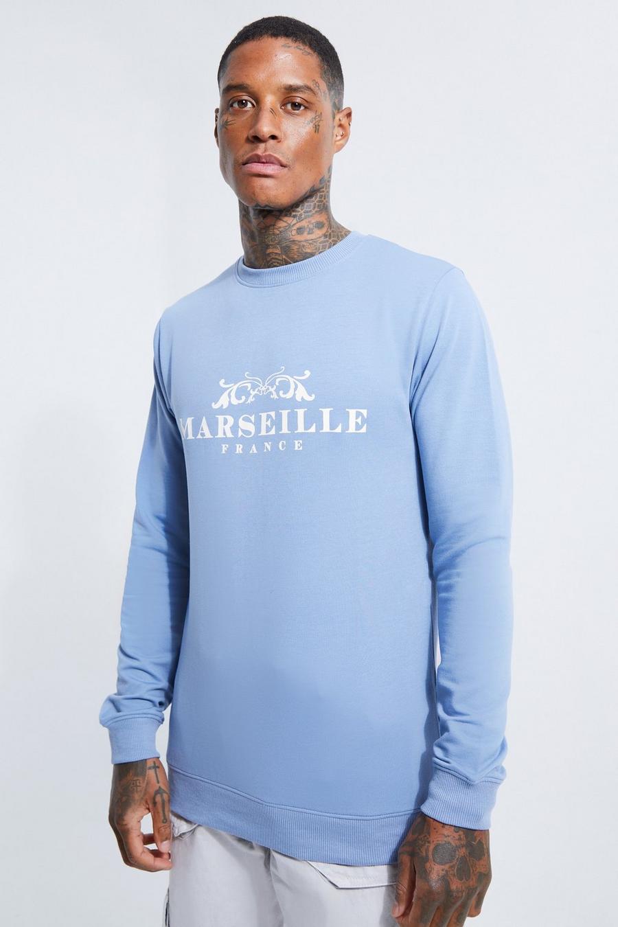 Dusty blue blå Muscle Fit Marseille Print Sweatshirt