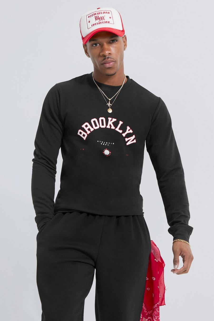 Black Muscle Fit Varsity Graphic Sweatshirt