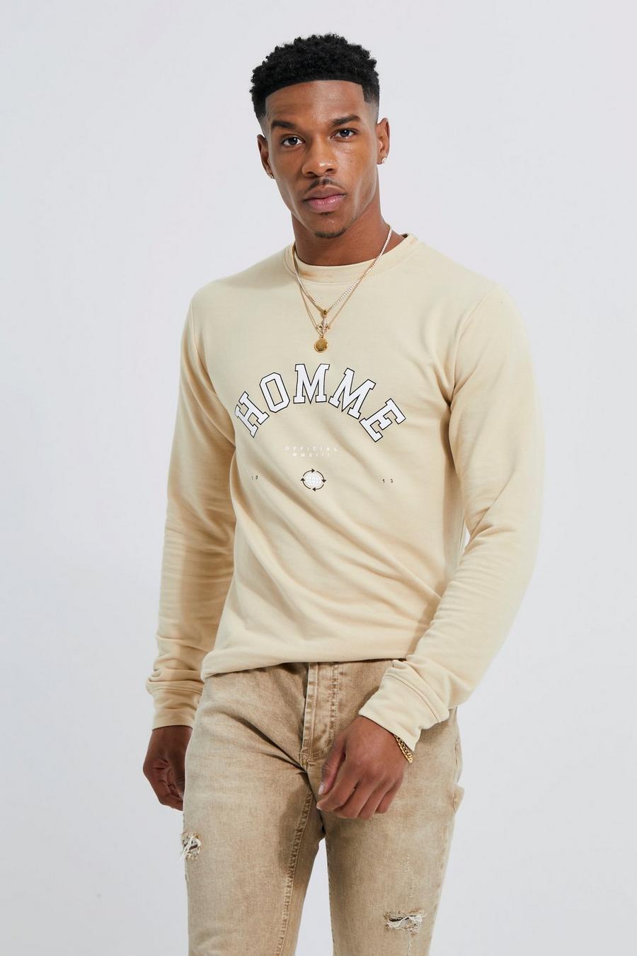 Sand beige Muscle Fit Varsity Graphic Sweatshirt