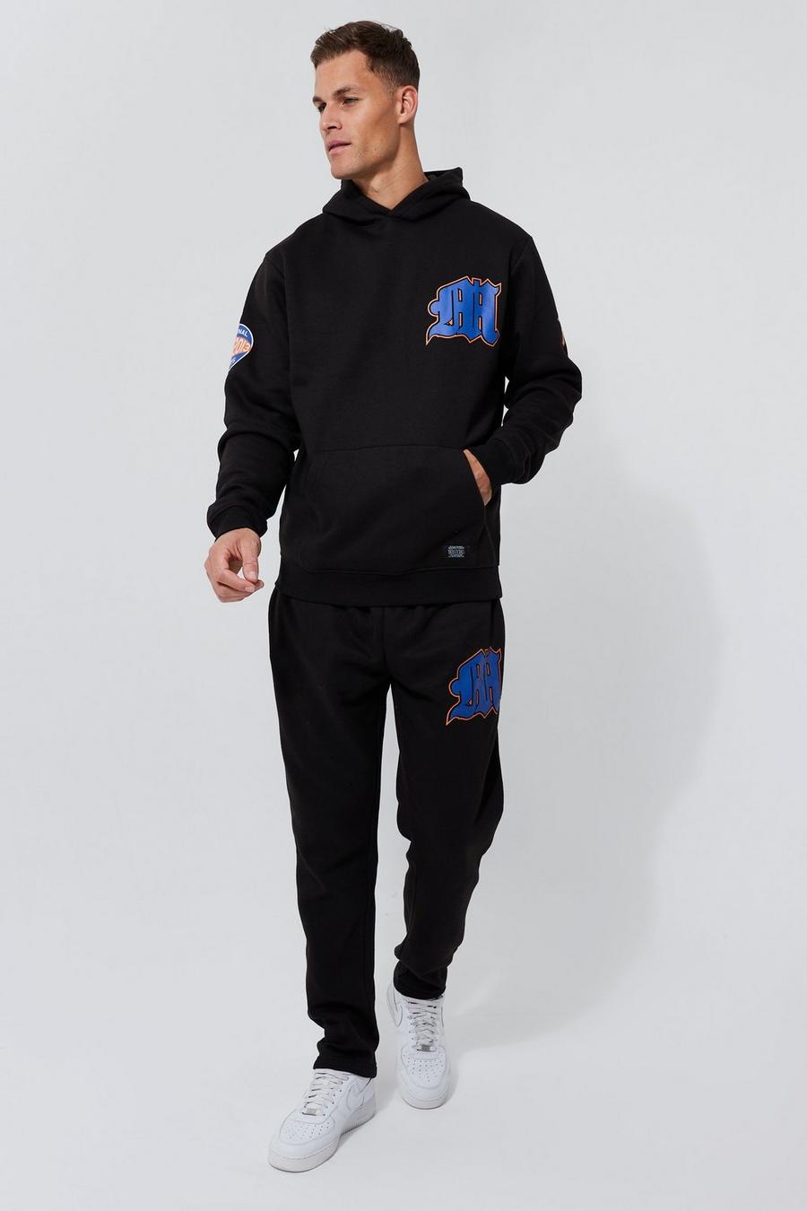 שחור nero חליפת טרנינג קפוצ'ון עם כיתוב M בסגנון גותי וטלאי בסגנון נבחרת ספורט, לגברים גבוהים