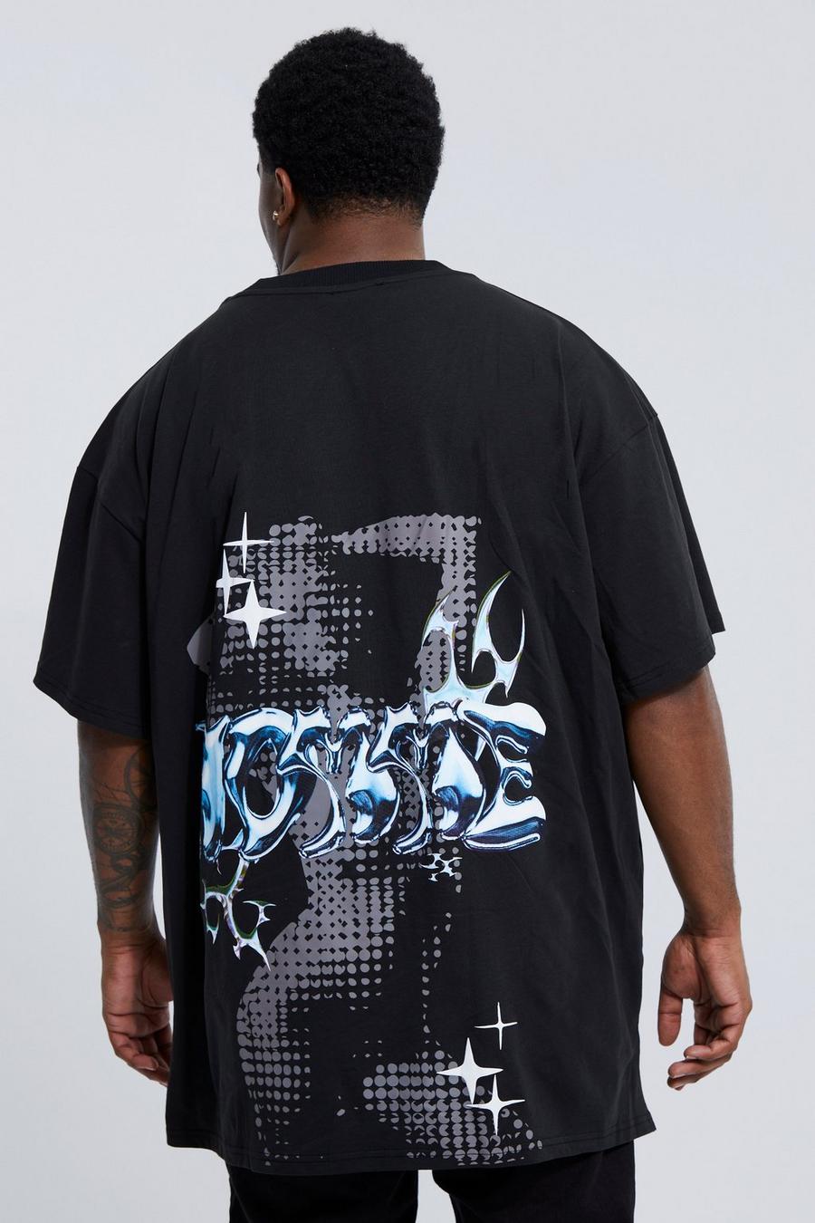 Black Homme Plus Oversized t-shirt med tryck och hög halsmudd image number 1