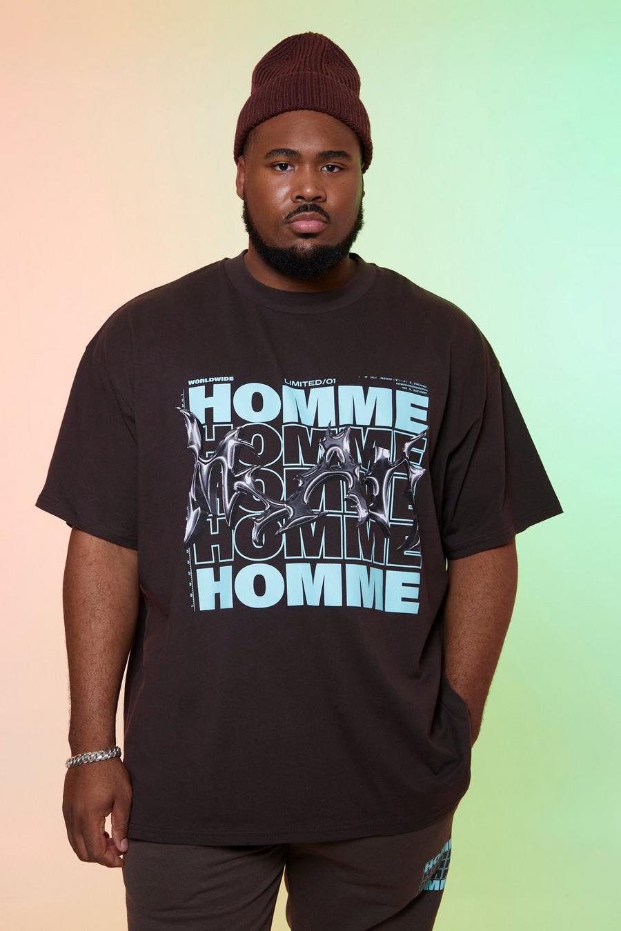 Chocolate Plus Oversized Homme Print T-Shirt Met Brede Nek image number 1