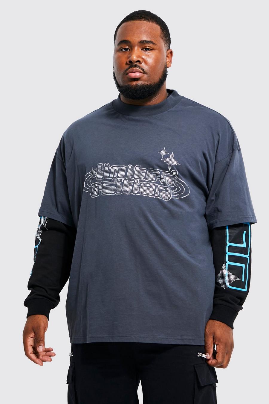 Camiseta Plus oversize con capa falsa e incrustaciones, Charcoal image number 1