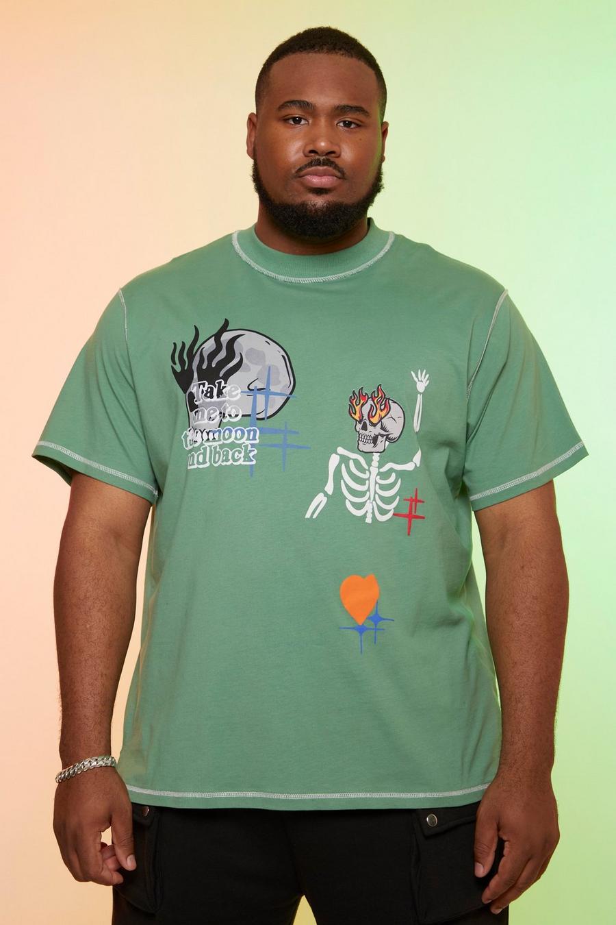 Green Plus Oversized Extended Neck Moon Graphic Tee image number 1