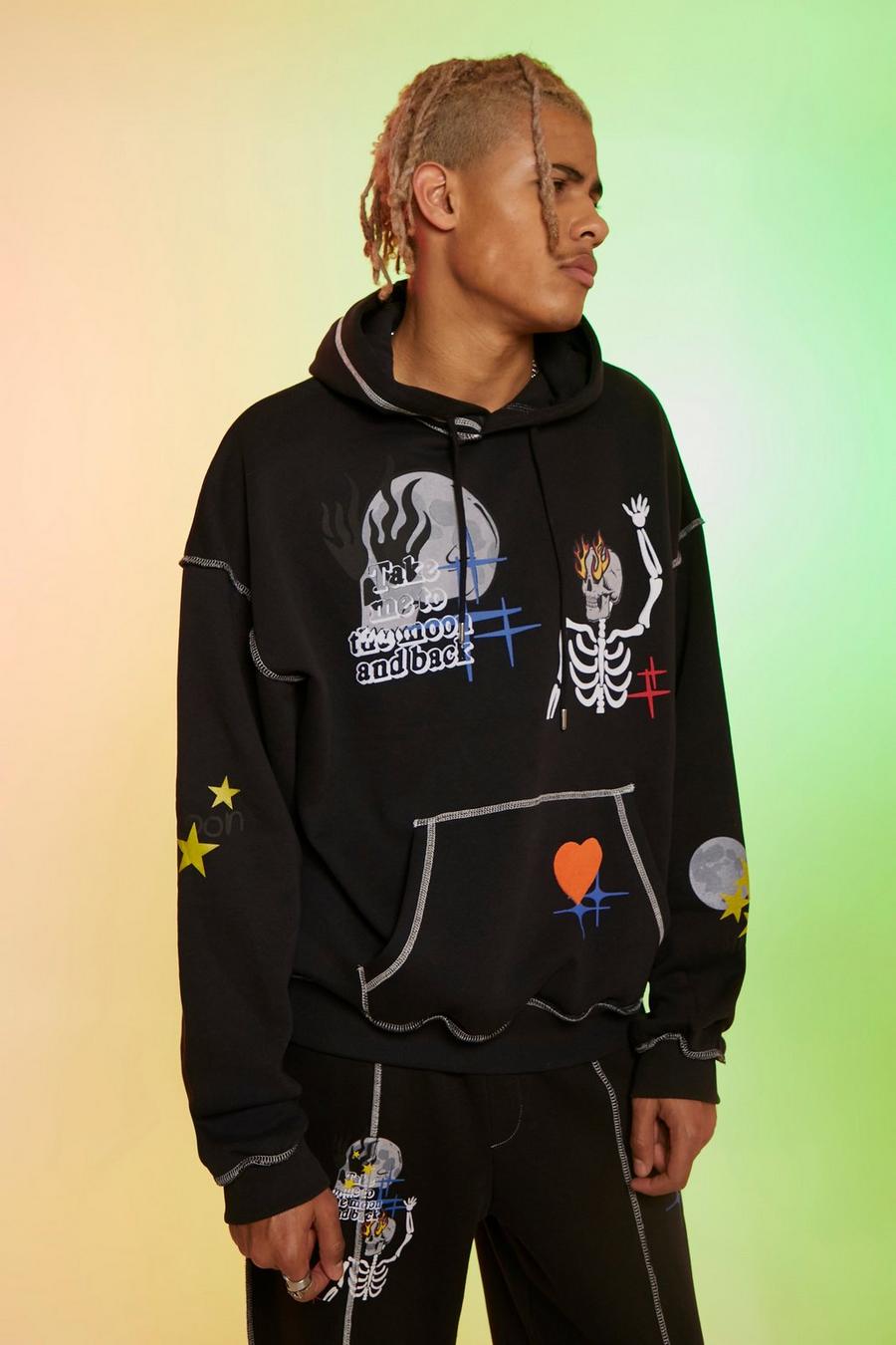 Black Tall Oversized Moon Graphic Hoodie image number 1