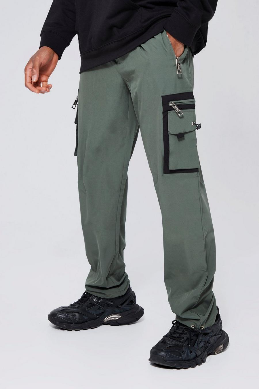Khaki Elastic Waist Straight Contrast Panel Trouser image number 1