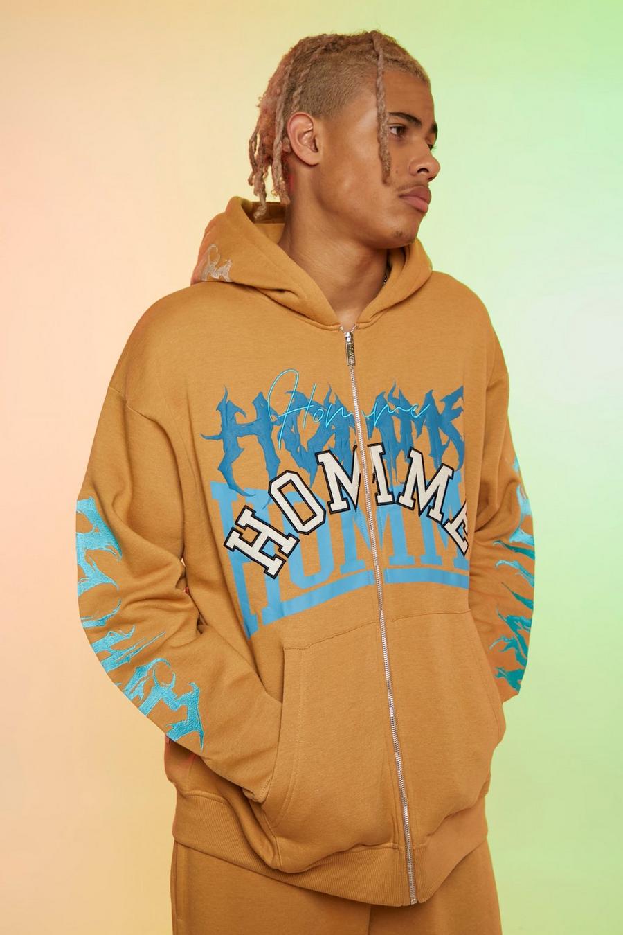 Tobacco Tall Oversized Homme Graphic Zip Thru Hoodie image number 1