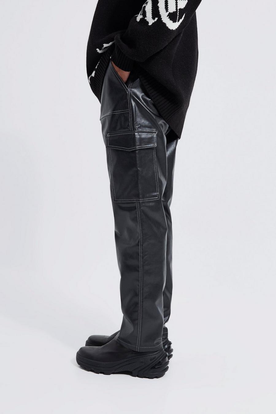 Black schwarz Fixed Waist Straight PU Contrast Stitch Trouser