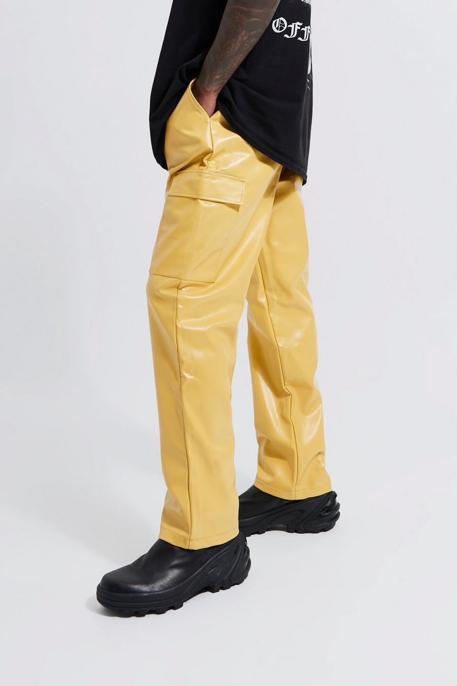 Washed lime Elastic Waist Straight PU Cargo Trouser image number 1