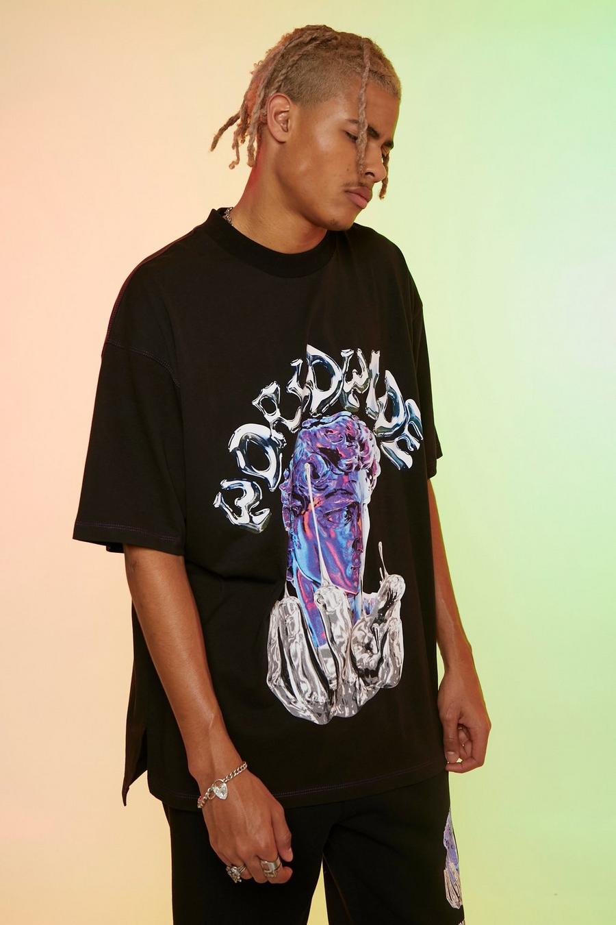 Black Tall Oversized Extended Neck Statue Print Tee image number 1