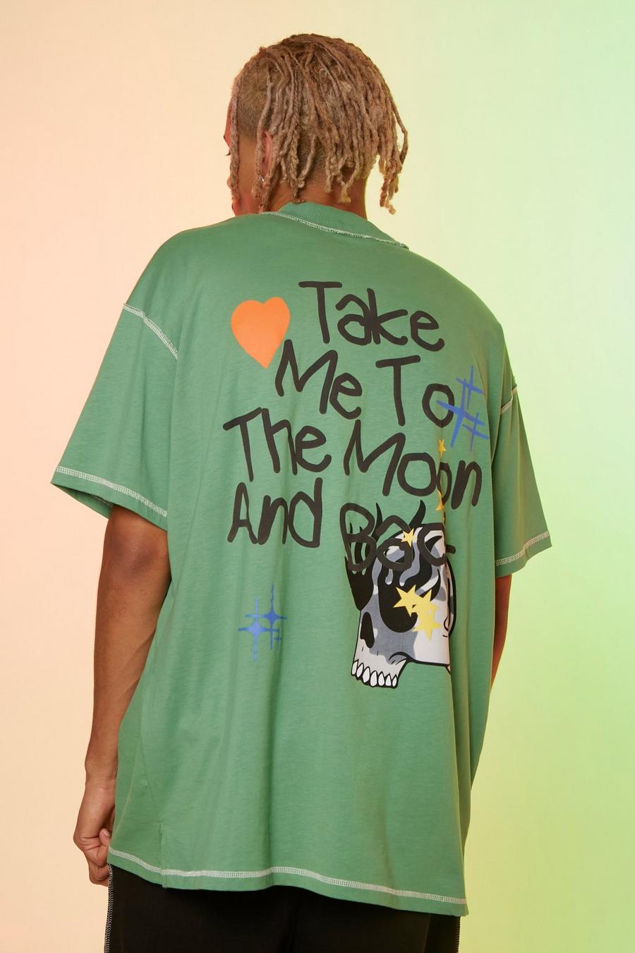 Green Tall Oversized Extended Neck Moon Graphic Tee image number 1
