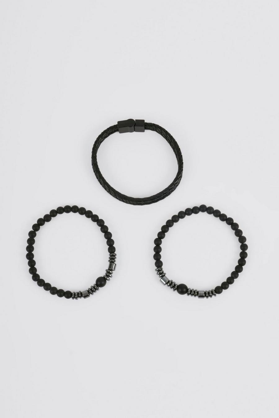 Black Leather Rope & Bead Bracelet Multipack