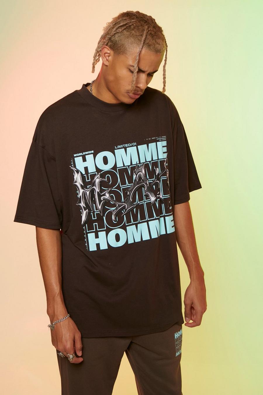 Chocolate brown Tall Oversized Extended Neck Homme Print Tee