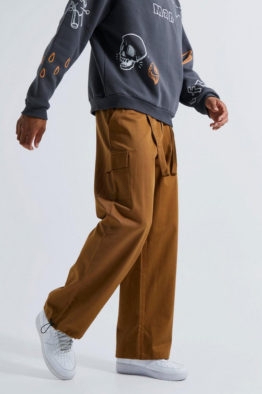 Pantalón Tall cargo de pernera ancha con cinturón, Tobacco marrón