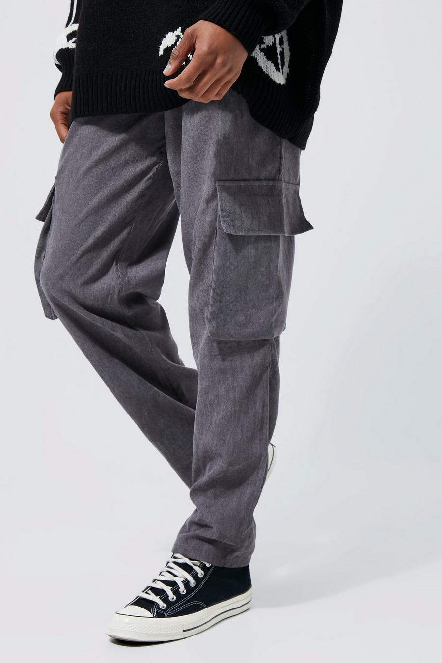 Pantalon cargo droit en velours côtelé, Dark grey gris