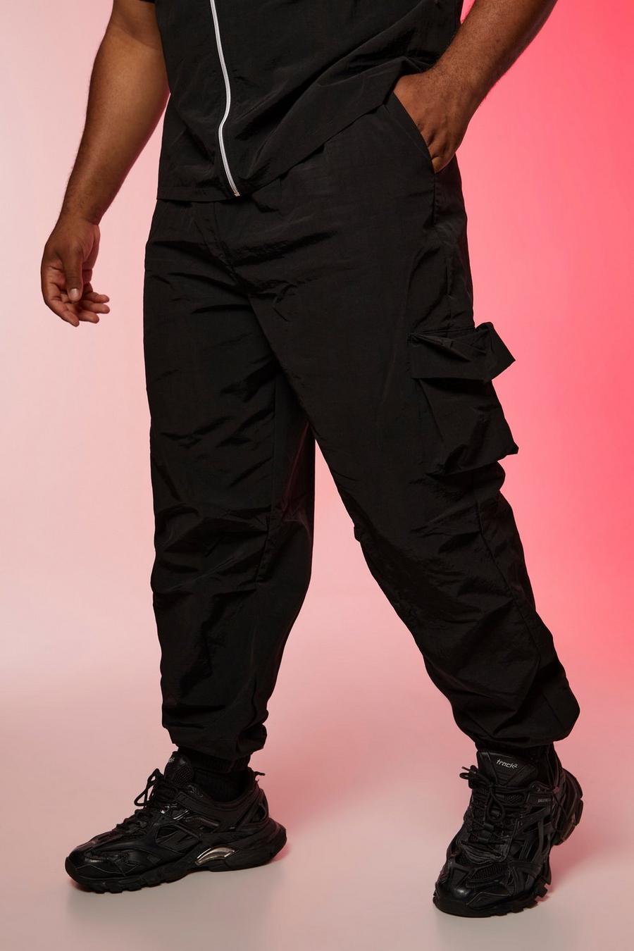שחור מכנסי ניילון דגמ"ח רפויים עם קמטים, מידות גדולות image number 1