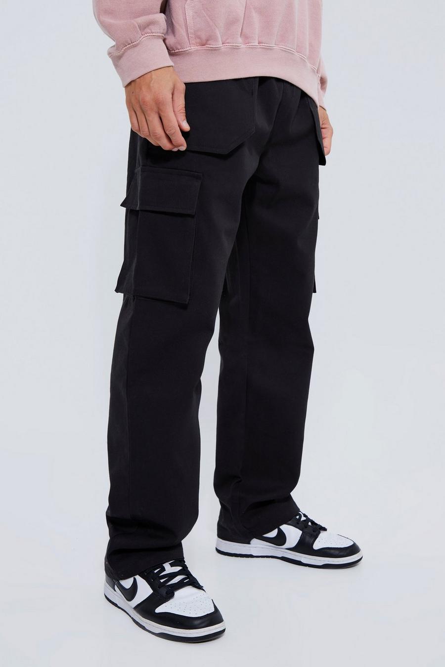 Black Elastic Waist Relaxed Fit Buckle Cargo Jogger