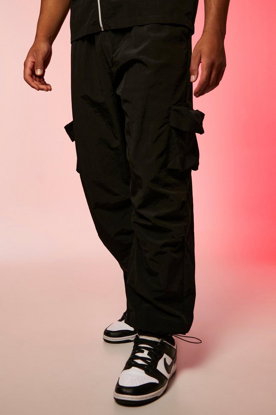 Black Tall Baggy Fit Crinkle Nylon Cargo Trouser image number 1