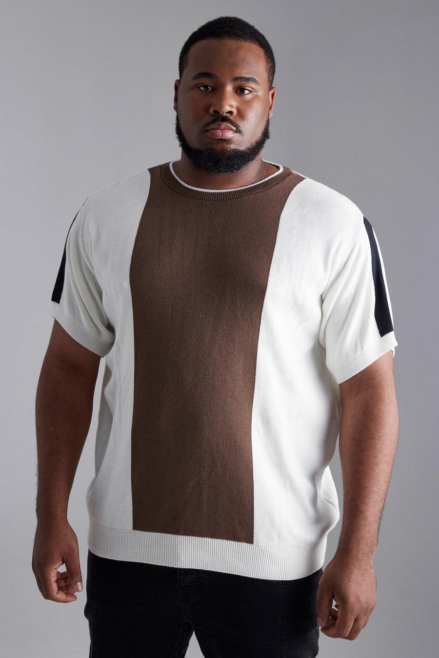 T-shirt in maglia Plus Size con pannelli frontali a blocchi di colore, Taupe beis