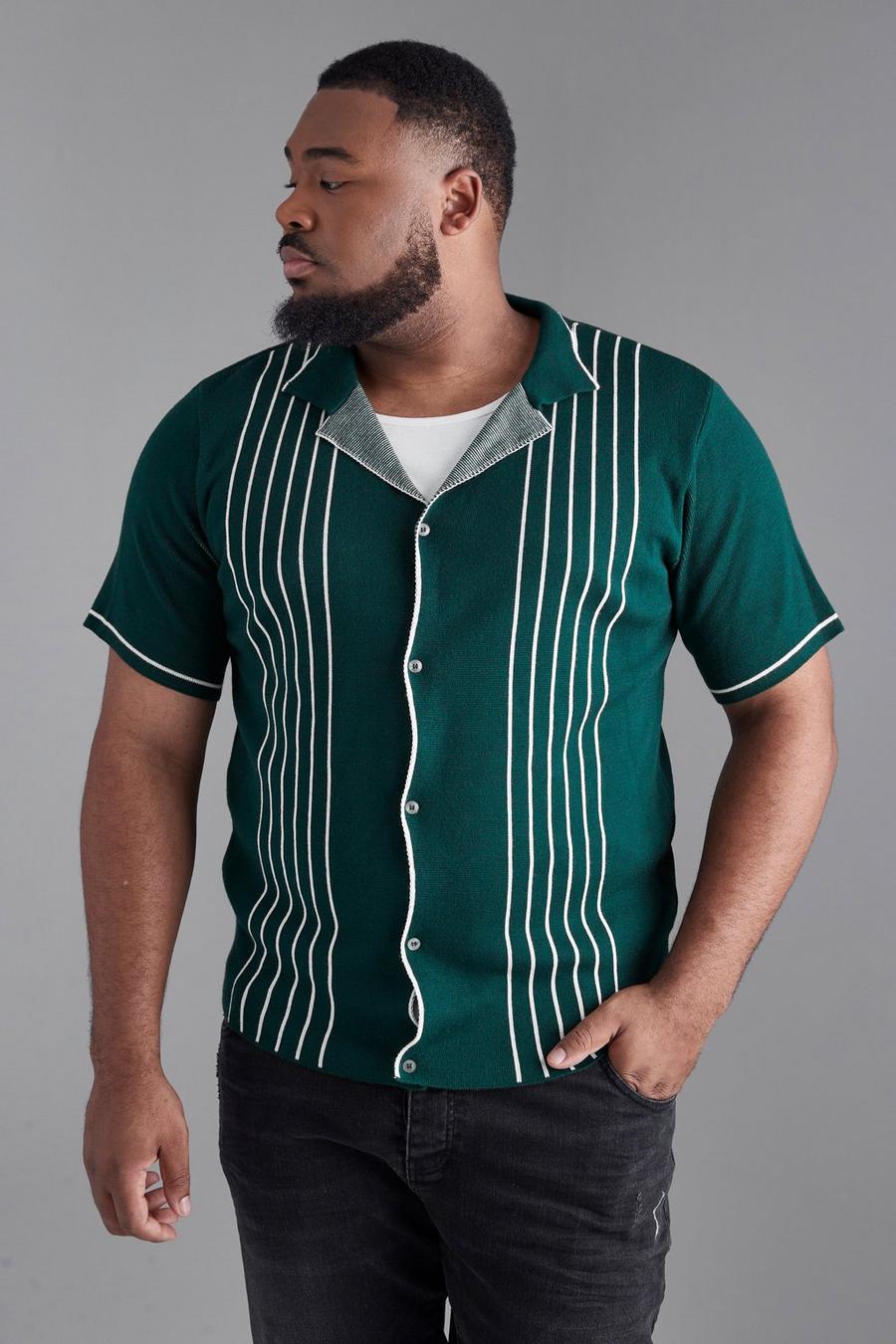 Bottle green Plus Stripe Detail Revere Knitted Shirt
