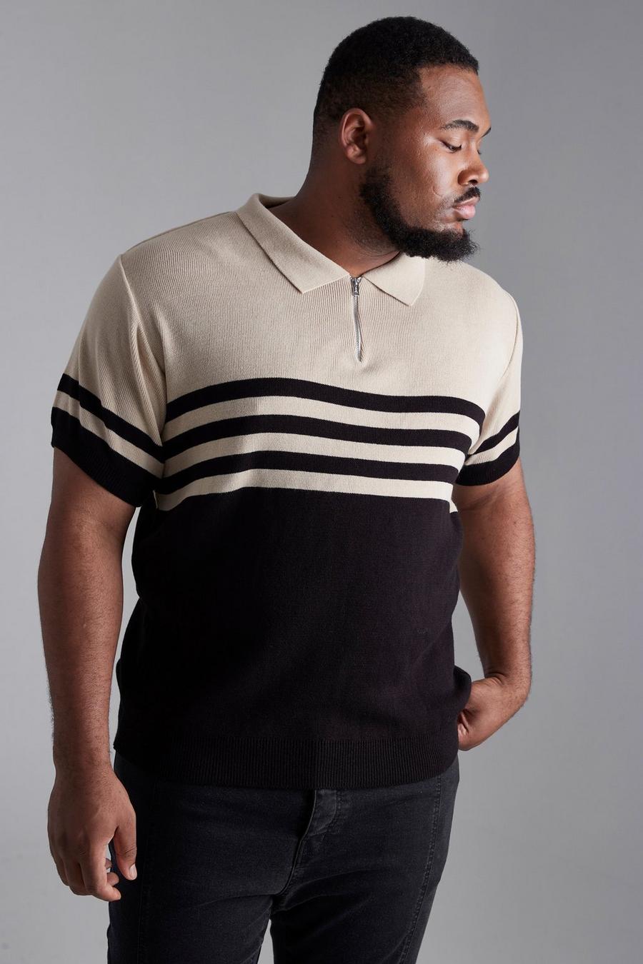 Black Plus 4 Stripe Colour Block Knitted Polo  image number 1