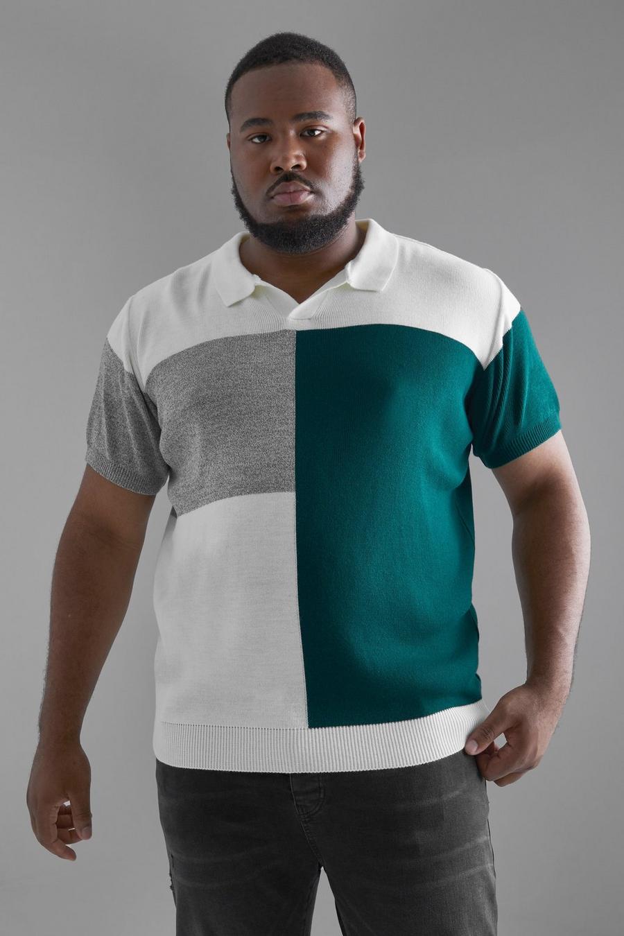 Plus Colorblock Poloshirt mit Kragen, Ecru image number 1