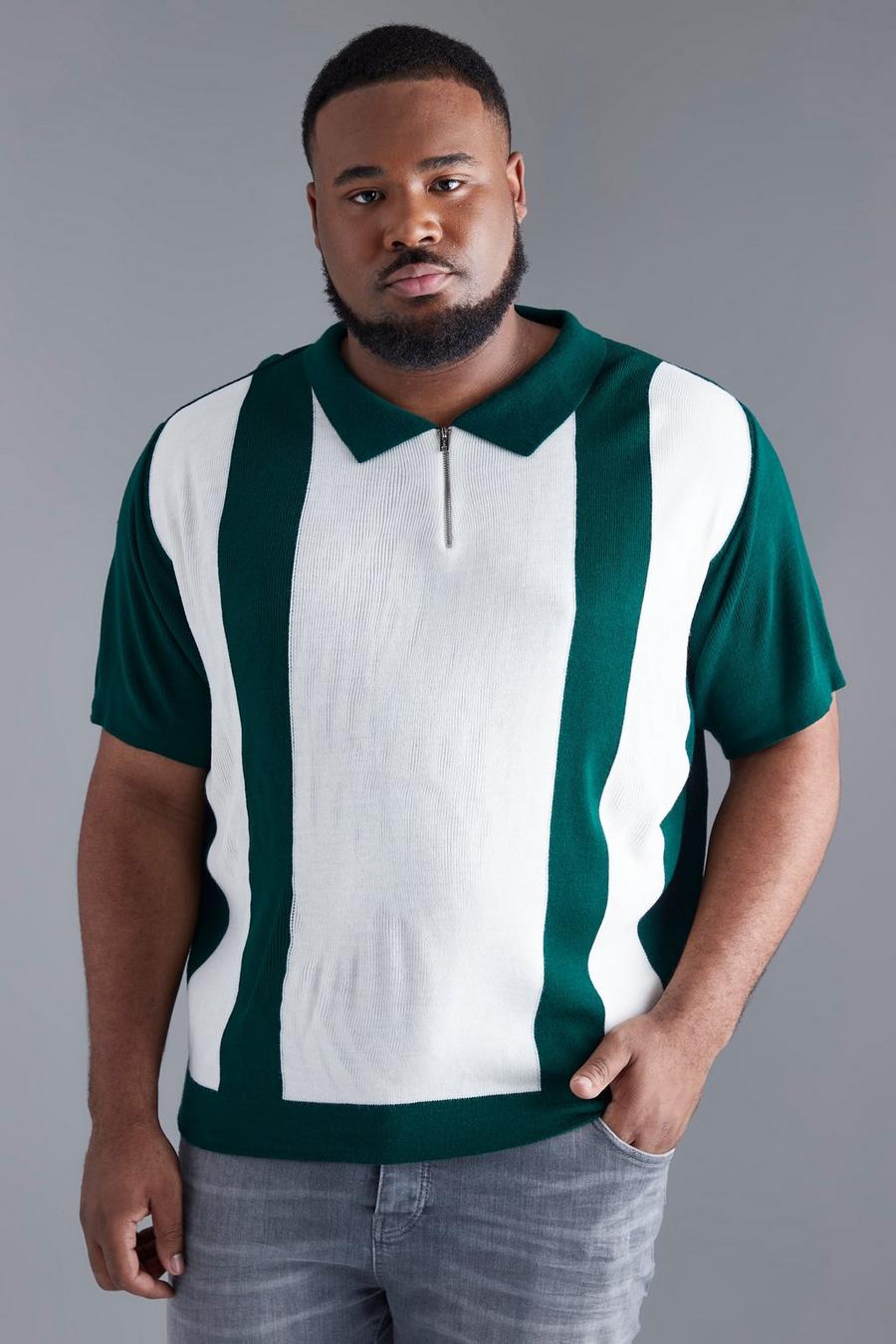 Bottle green Plus Colour Block Zip Neck Knitted Polo image number 1