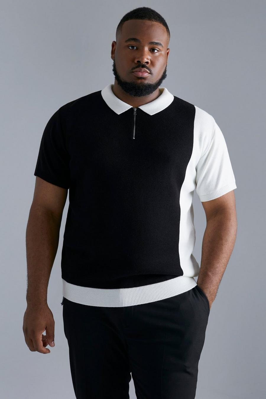 Black Plus Colour Block Zip Neck Knitted Polo image number 1