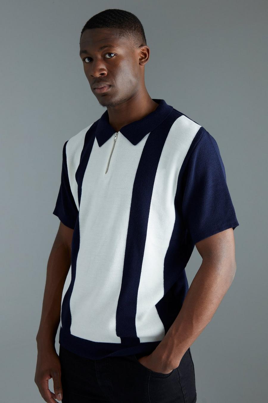Dark navy Tall Colour Block Zip Neck Knitted Polo  image number 1
