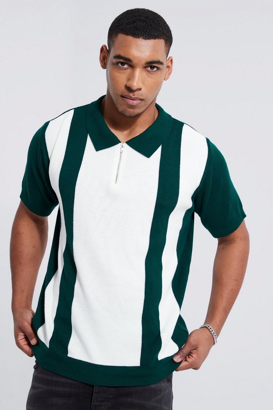 Bottle green Tall Colour Block Zip Neck Knitted Polo image number 1