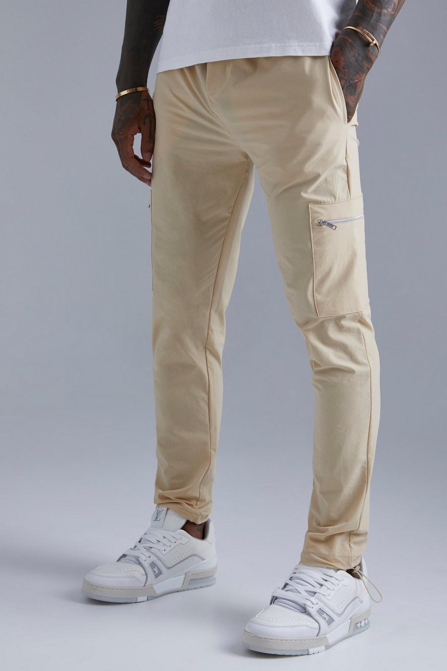 Pantaloni Cargo Slim Fit in Stretch tecnico con zip e fermacorde, Stone beis