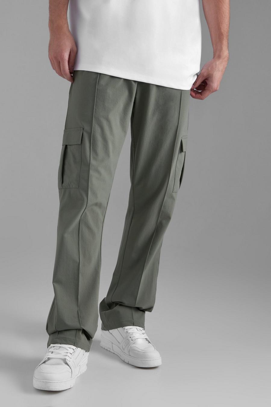 Pantaloni Cargo Slim Fit in Stretch tecnico con inserti tono su tono, Khaki caqui