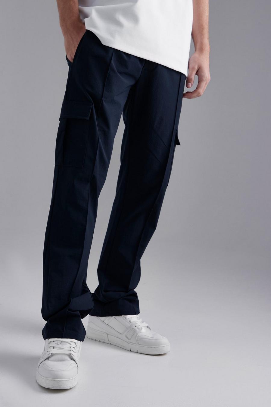 Pantalón ajustado cargo elástico técnico con refuerzo, Navy blu oltremare
