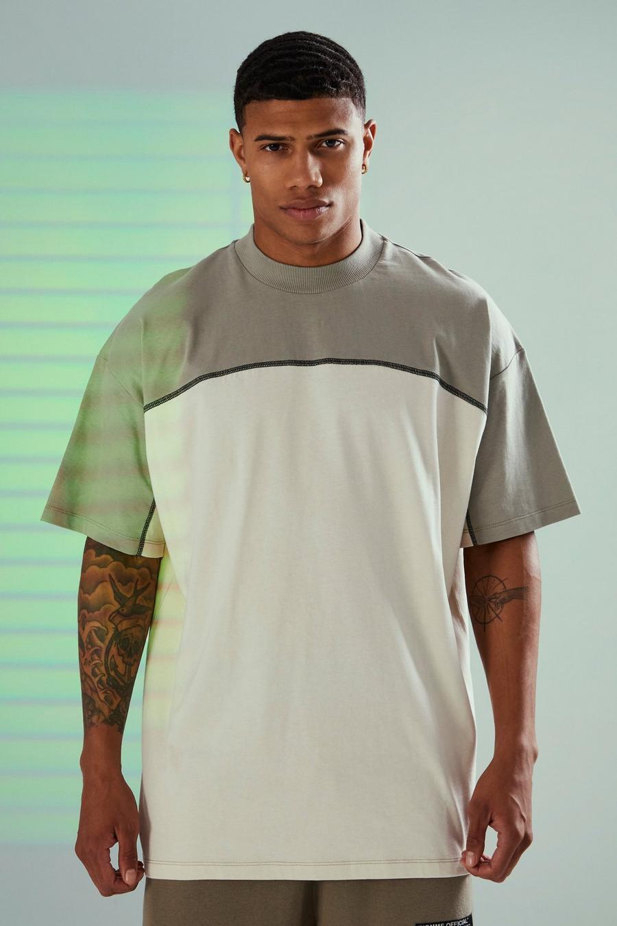 Sage green Oversized Extended Neck Curve Panel T-shirt