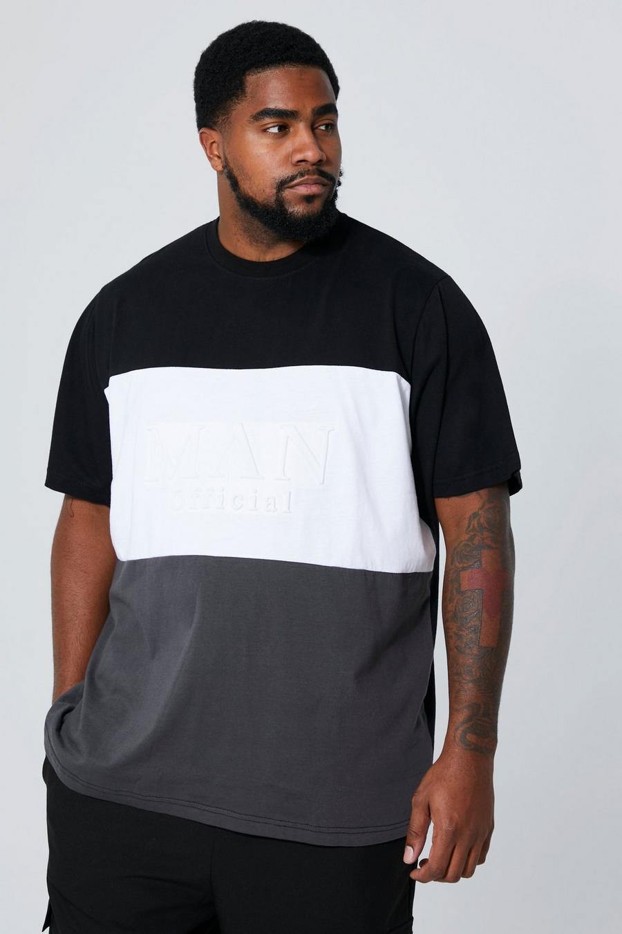 T-shirt Plus Size Man a blocchi di colore con caratteri romani incisi, Black nero