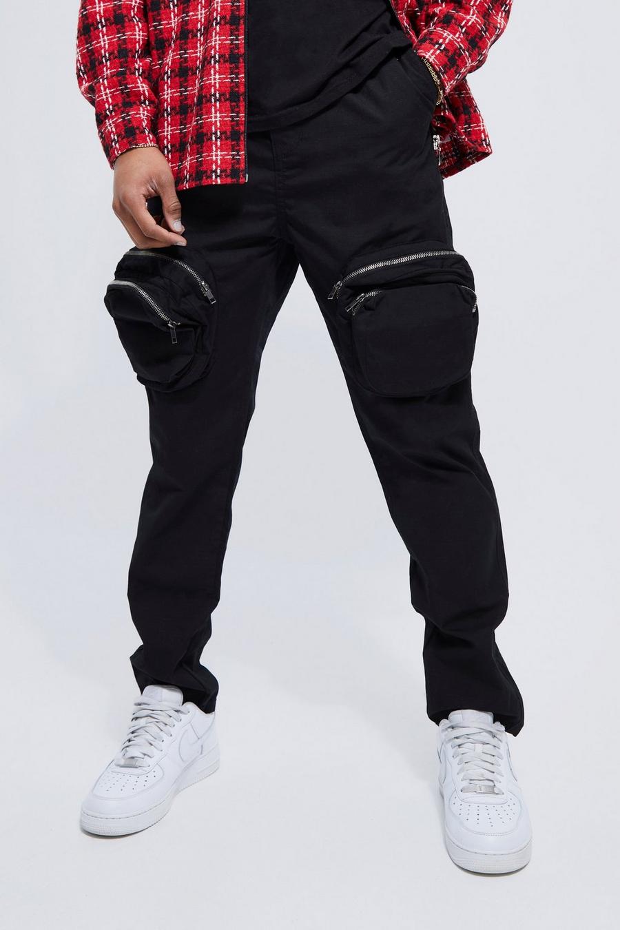 Black Fixed Waist Slim Fit Zip Detail Cargo Trousers image number 1
