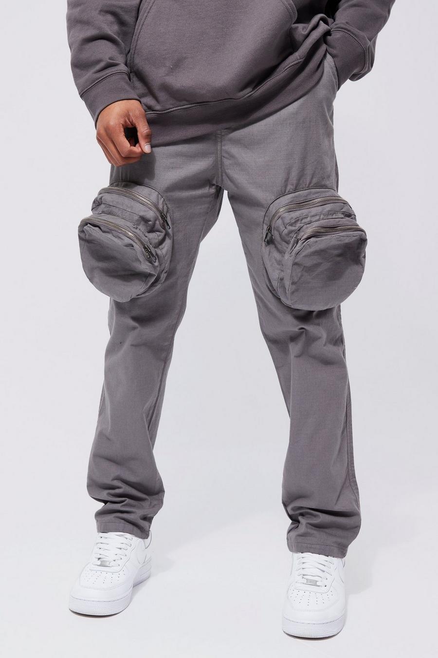 אפור מכנסי דגמ'ח בגזרה צרה עם רוכסן 3D ורצועת מותניים מובנית