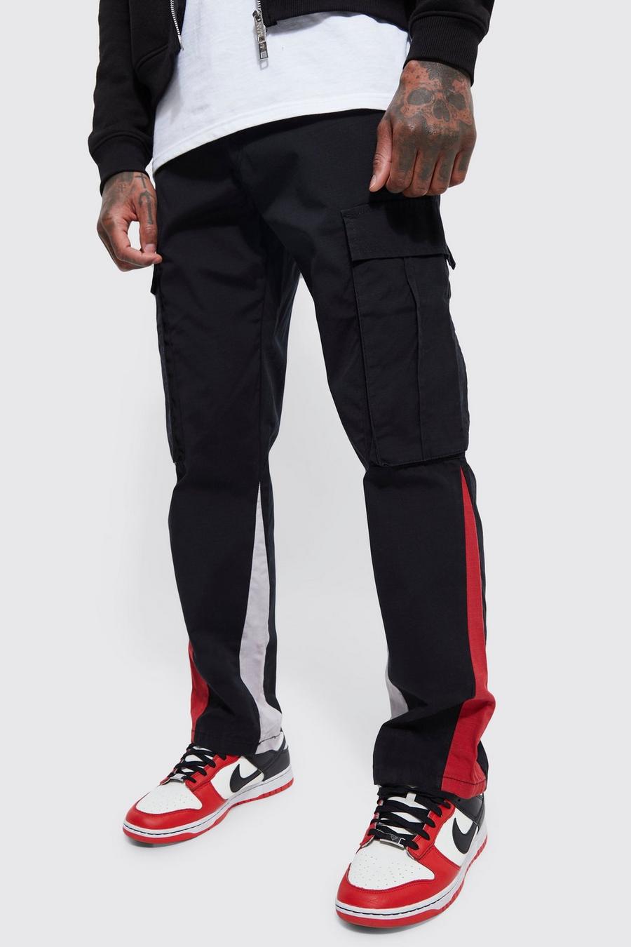 Pantalon cargo droit à empiècement contrastant, Black noir image number 1