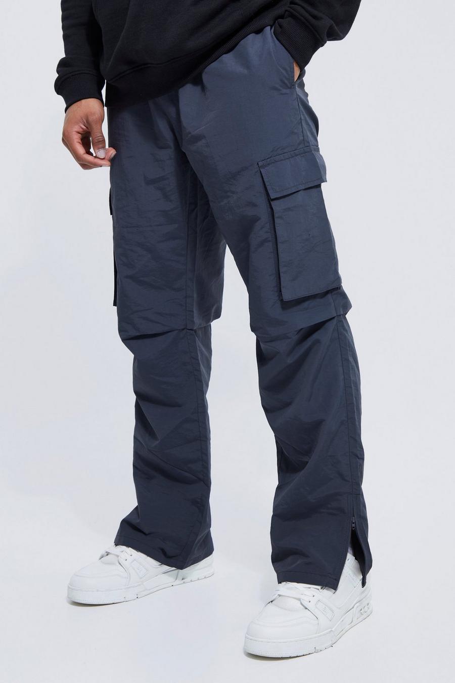 Charcoal Elastic Waist Straight Nylon Cargo Trouser image number 1