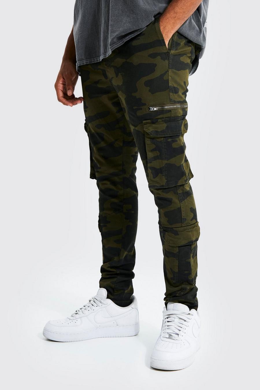 Olive Elastic Waist Skinny Fit Camo Cargo Trouser image number 1