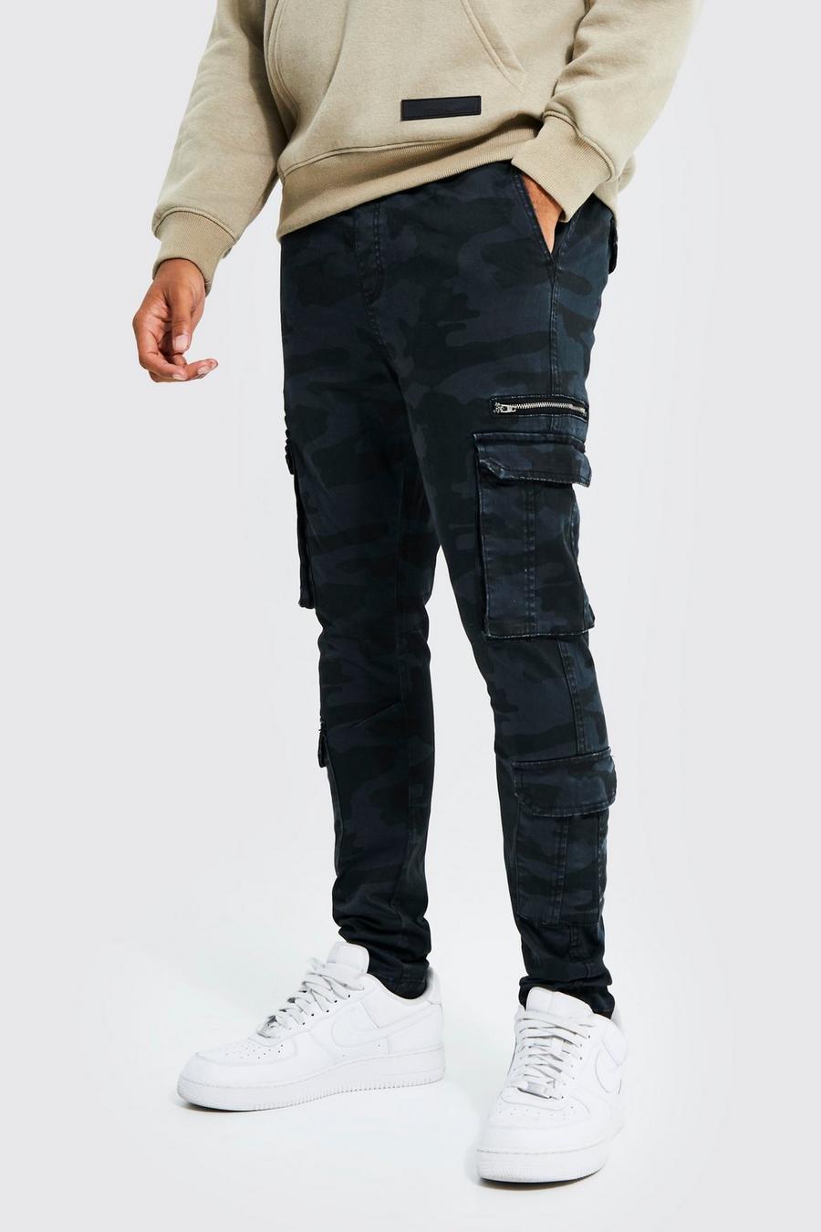 Black Elastic Waist Skinny Fit Camo Cargo Trouser image number 1