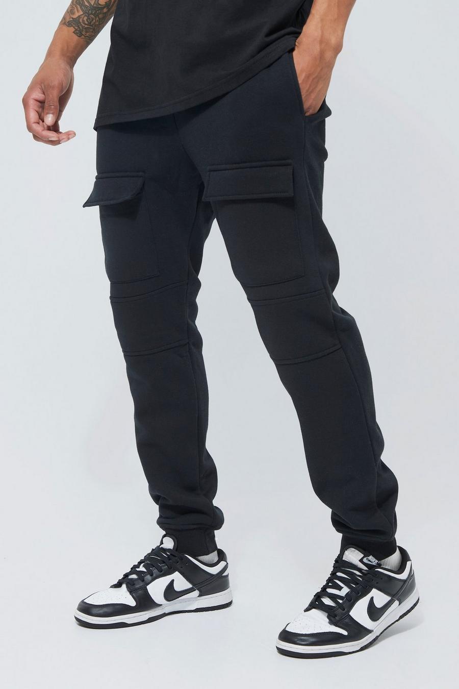 Pantaloni tuta Cargo Slim Fit con pannelli e tasche frontali, Black negro